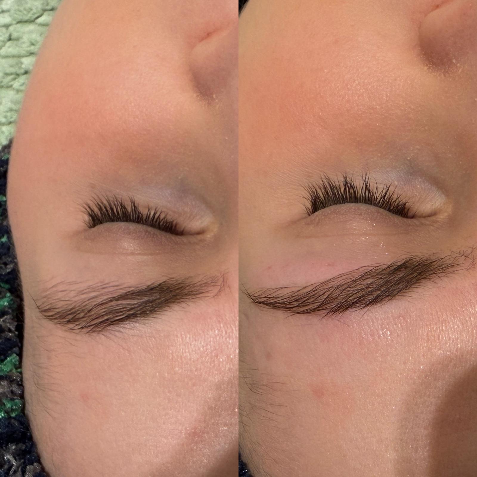 Close-up of softly defined lashes and brows after a Gentle Glo treatment